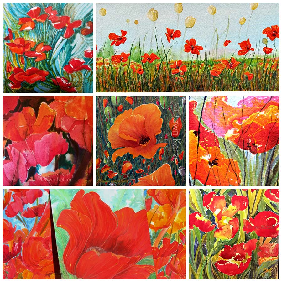 Dawn-Kotzer-Poppy-Art. A sampler of vivid watercolour poppies – garden, wild and abstract blooms painted by Dawn Kotzer