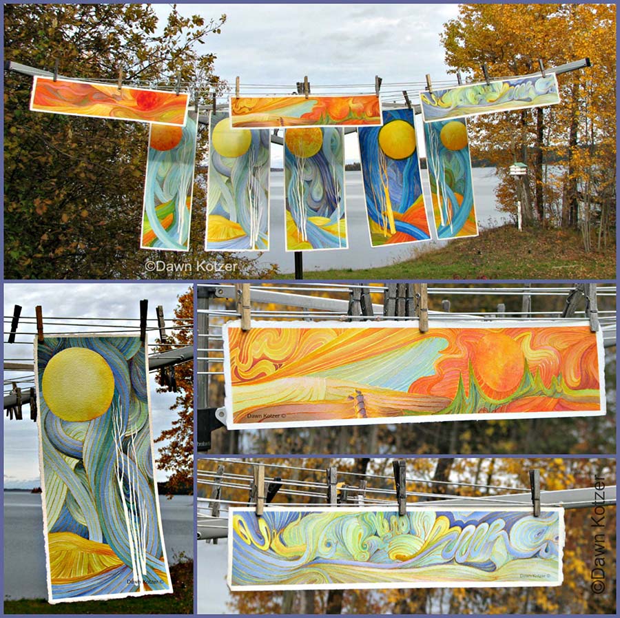 Dawn Kotzer© WC Grooves - Unusual linear groove paintings hanging on clothesline on a fall day- original watercolours by Dawn Kotzer.